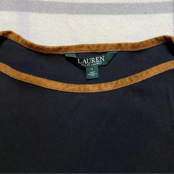 Lauren Ralph Lauren Black Suede Trim Short Sleeve Shirt Women’s Size Large - Picture 2 of 9